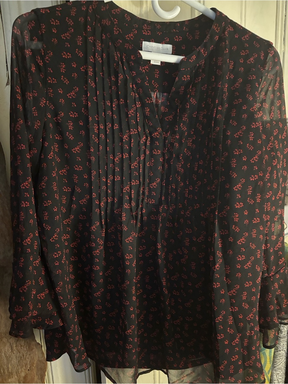 Charter Club Black Blouse with Red Micro Floral- size PM